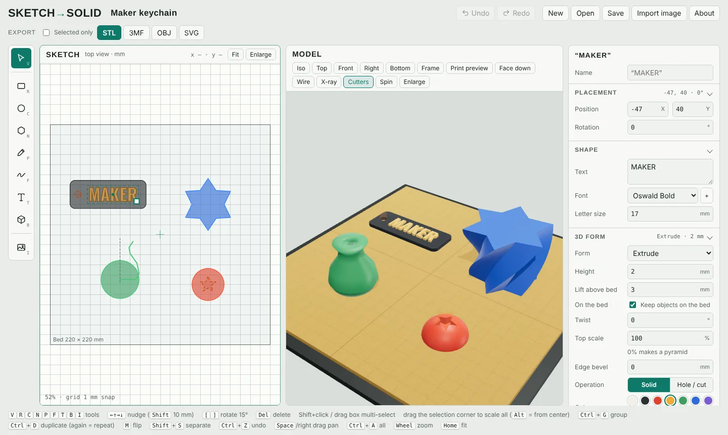 The Extrudable editor: a 2D sketch of a keychain tag and shapes on the left, the same objects rendered in 3D on a print bed in the middle, and settings on the right.