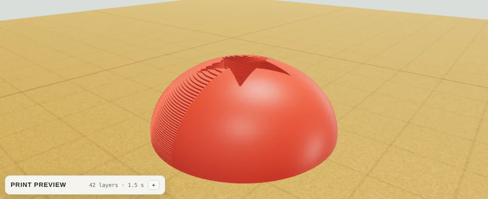 A red dome shown half as smooth geometry and half as 0.28 mm printed layers with visible stair-stepping.